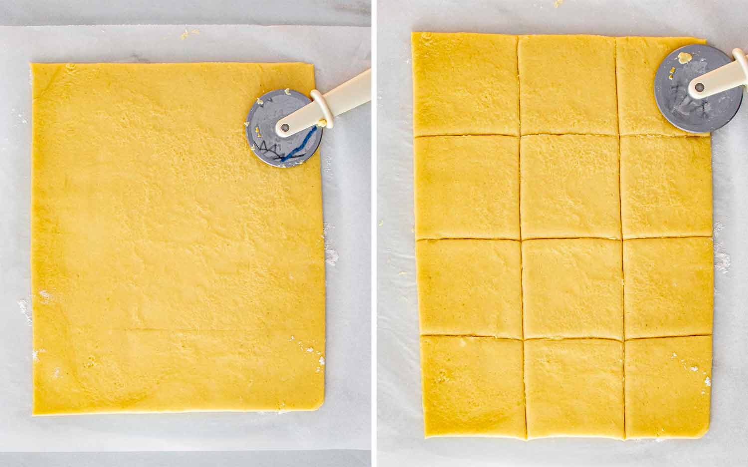 Thinly rolled Kolaczki dough being cut into even squares using a pastry wheel for consistent cookies and neat folding
