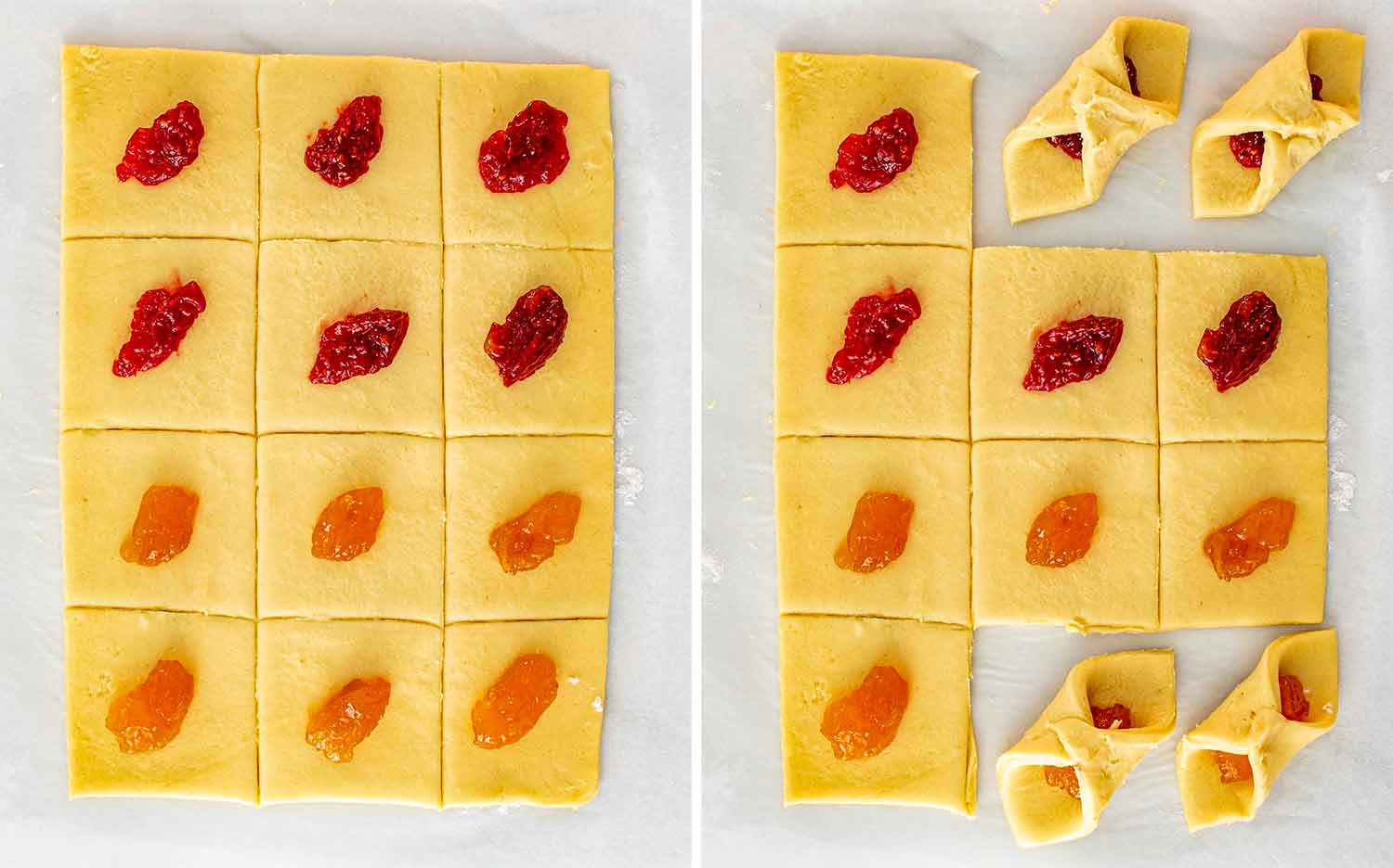 Fruit-topped dough squares being folded into traditional Kolaczki shapes, showing how the corners overlap to enclose the filling.