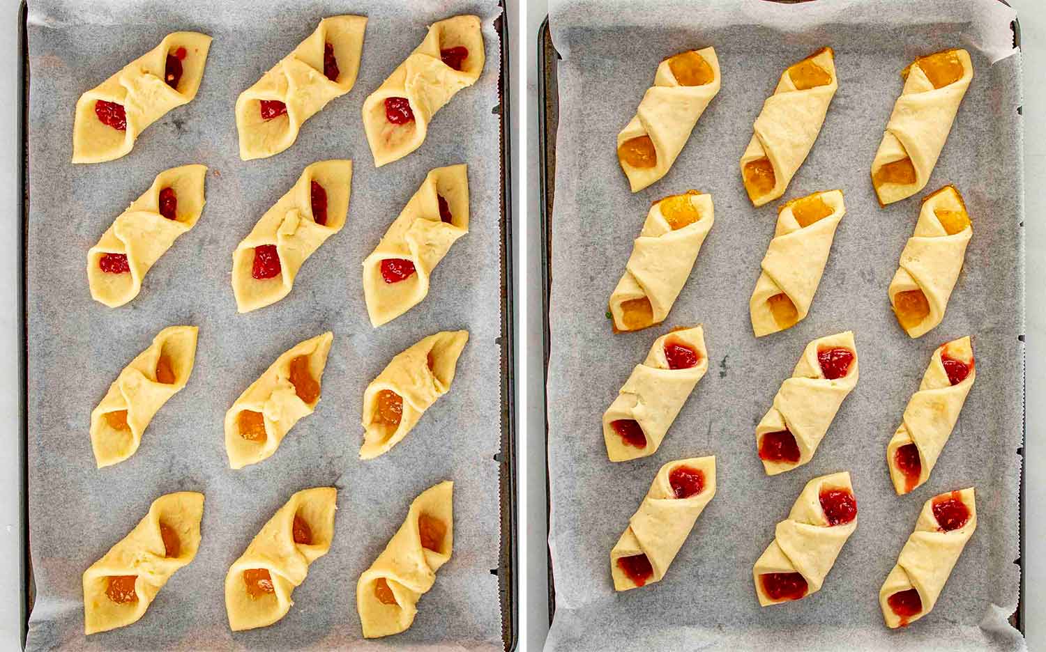 Unbaked and baked Polish Kolaczki cookies on parchment-lined trays, showing fruit-filled dough transforming into golden, delicate pastries.