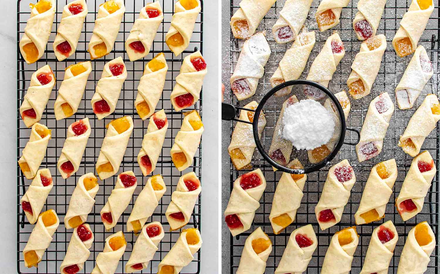 Polish Kolaczki cookies on cooling racks being dusted generously with powdered sugar using a fine mesh sifter for a festive finish.