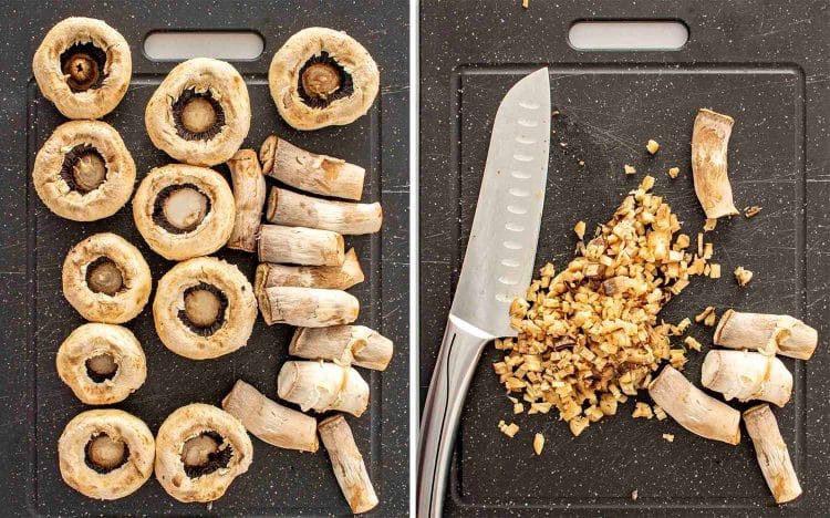 process shots showing how to make spinach dip stuffed mushrooms.