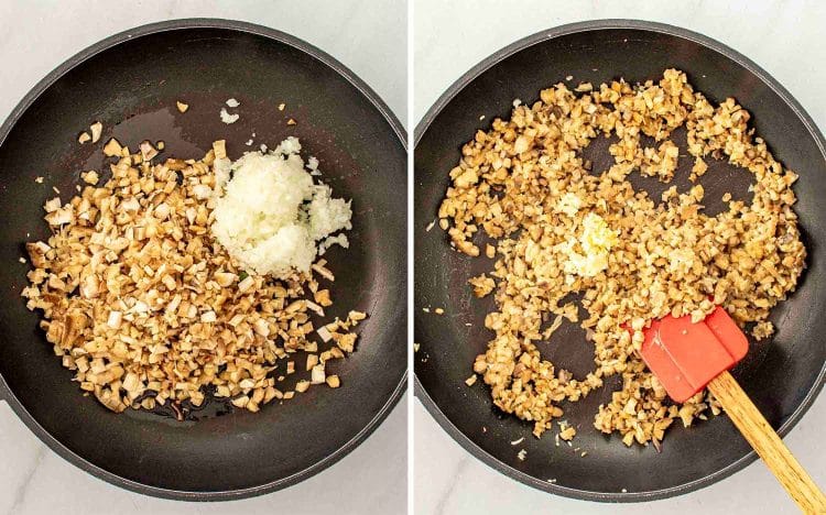 process shots showing how to make spinach dip stuffed mushrooms.