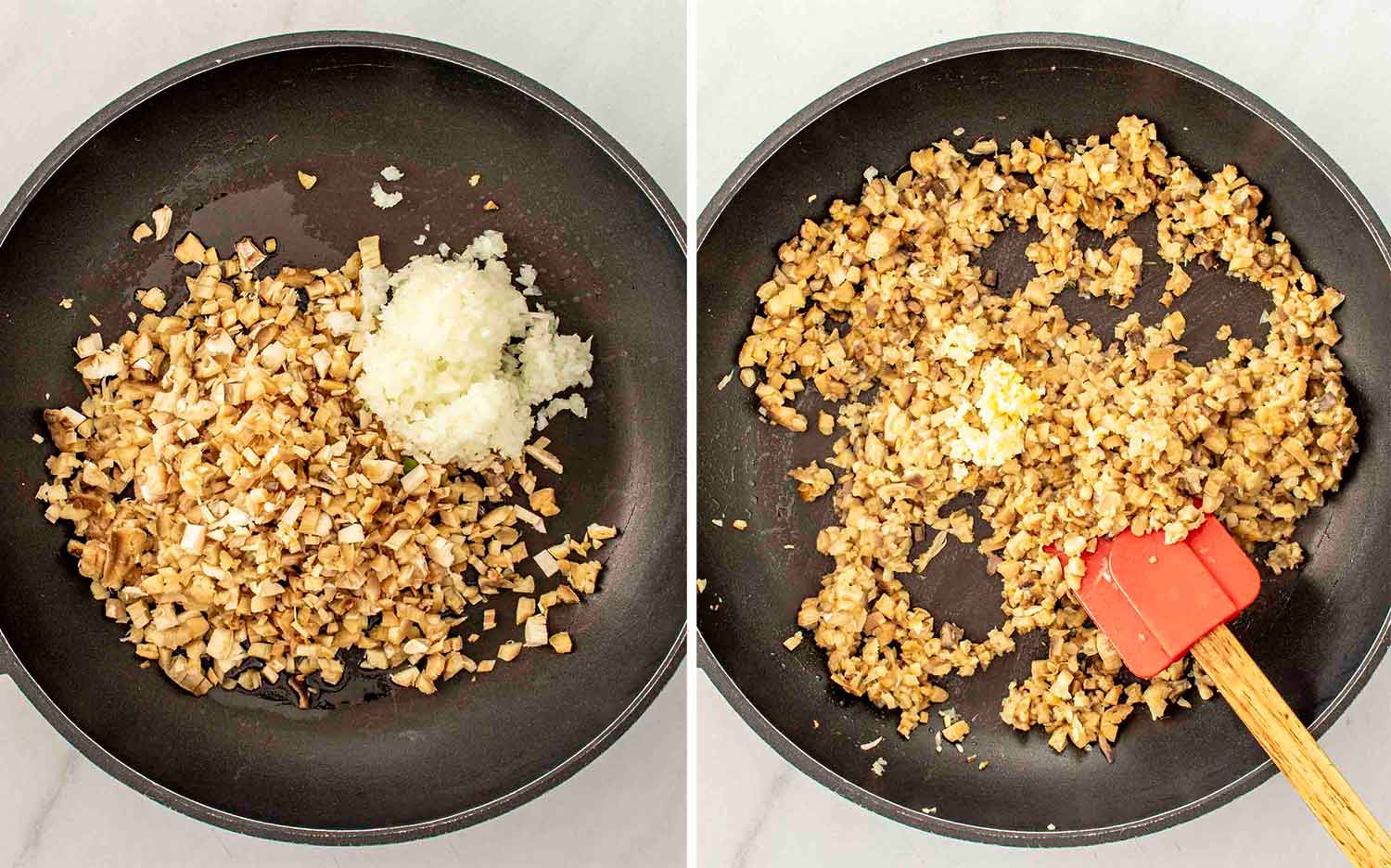 process shots showing how to make spinach dip stuffed mushrooms.