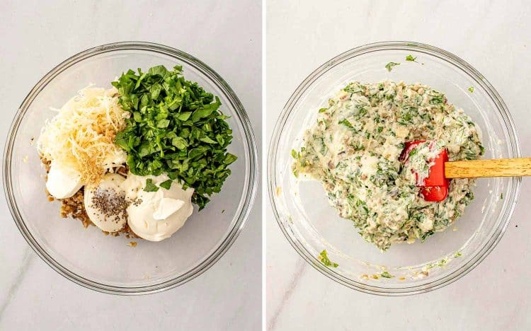 process shots showing how to make spinach dip stuffed mushrooms.