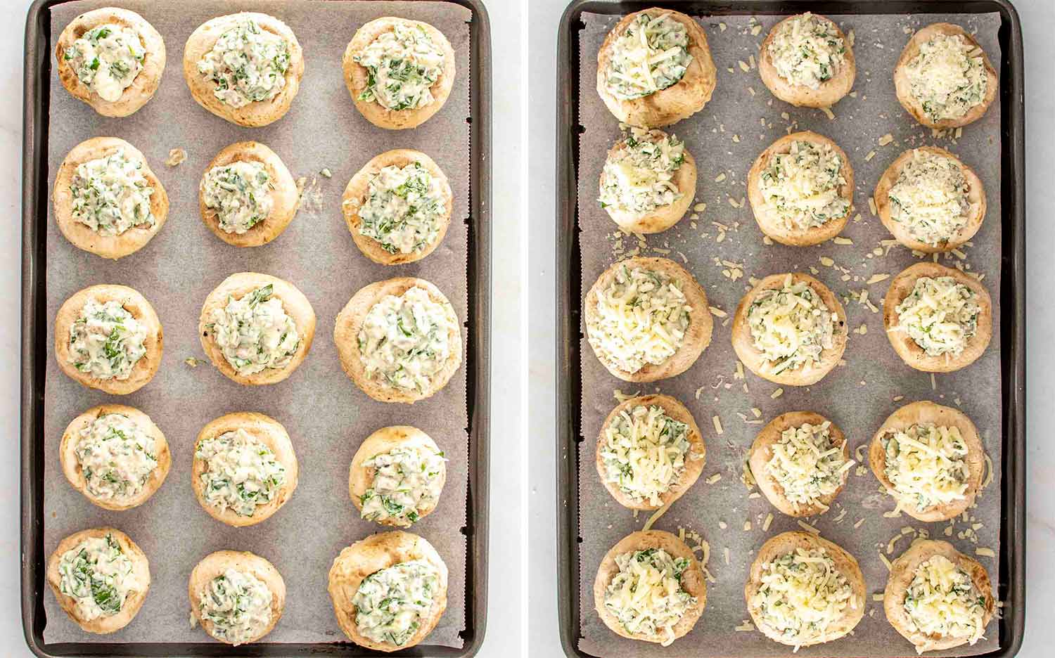 process shots showing how to make spinach dip stuffed mushrooms.