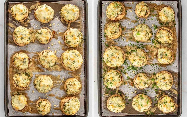 process shots showing how to make spinach dip stuffed mushrooms.