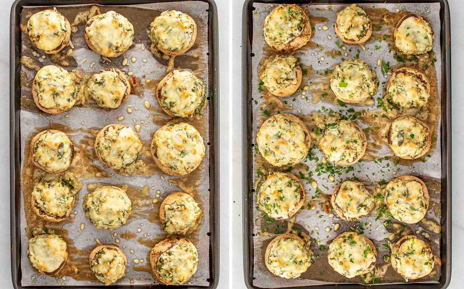 process shots showing how to make spinach dip stuffed mushrooms.