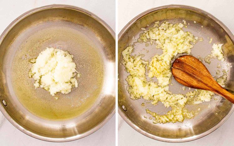 process shots showing how to make broccoli cheddar orzo.