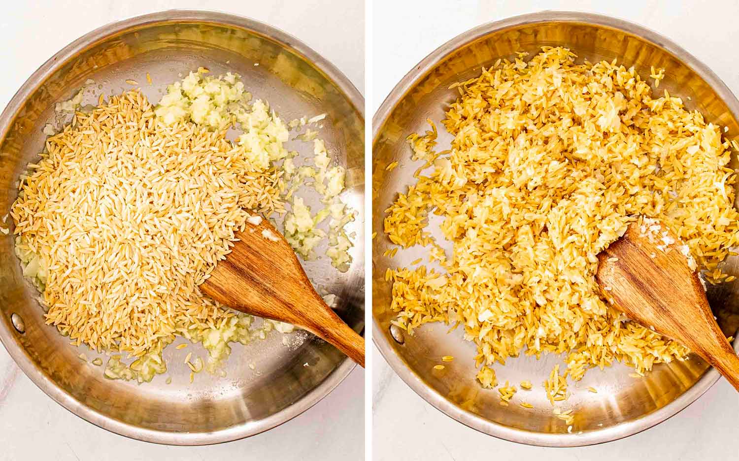 process shots showing how to make broccoli cheddar orzo.