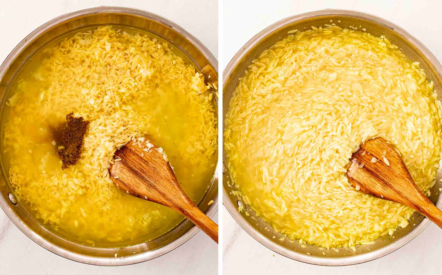 process shots showing how to make broccoli cheddar orzo.