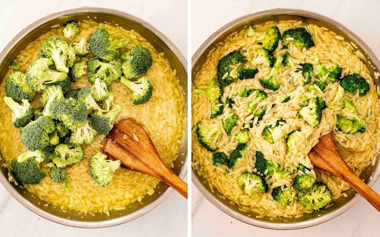 process shots showing how to make broccoli cheddar orzo.