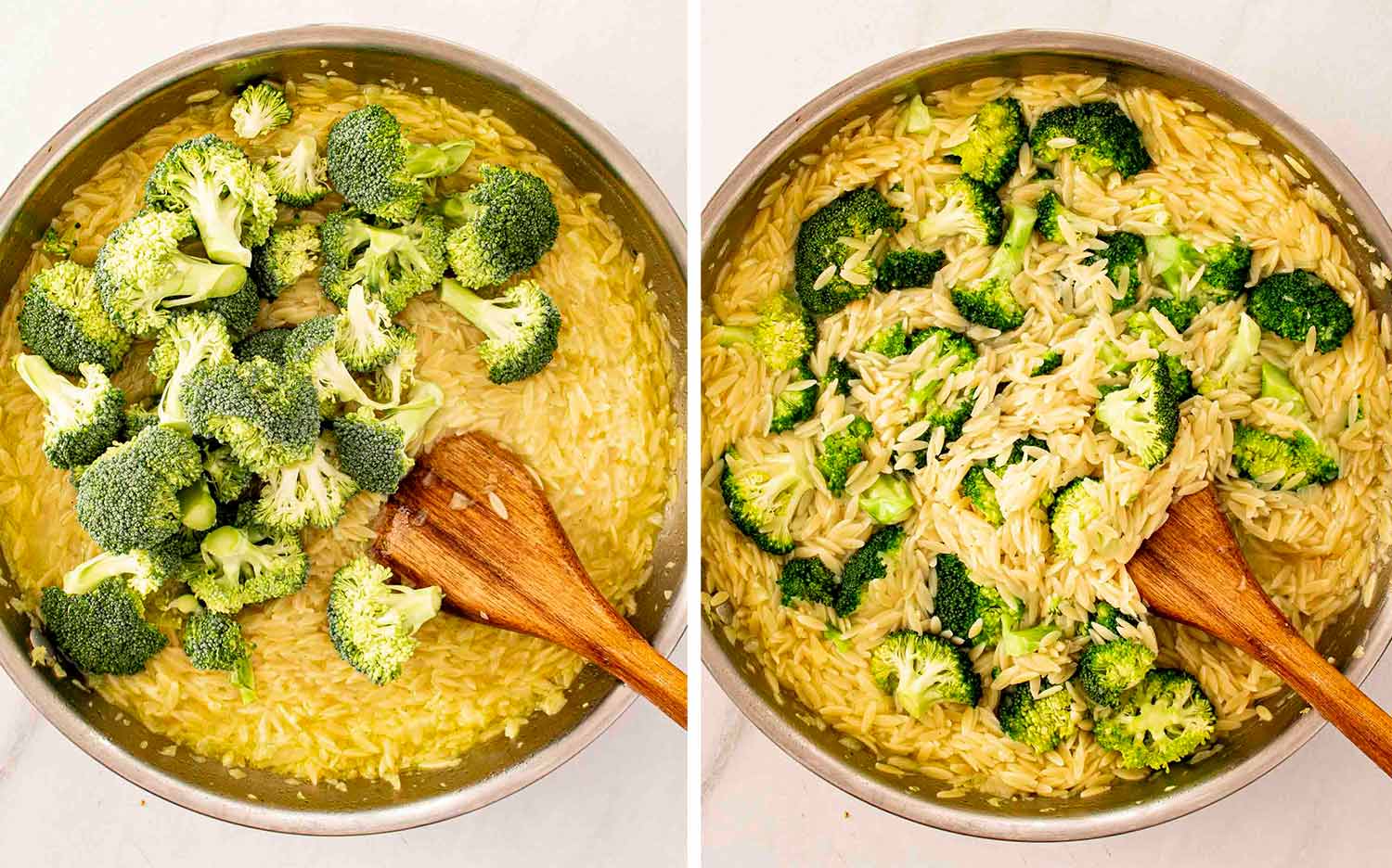 process shots showing how to make broccoli cheddar orzo.