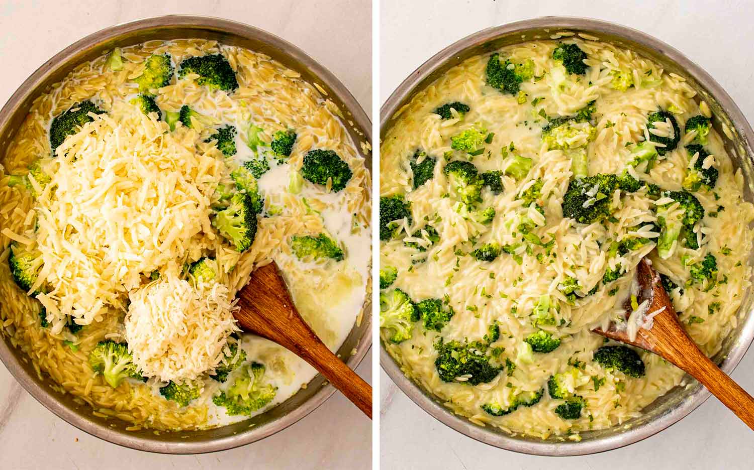 process shots showing how to make broccoli cheddar orzo.