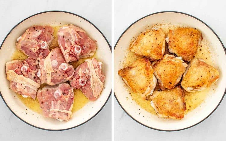 process shots showing how to make coq au riesling.