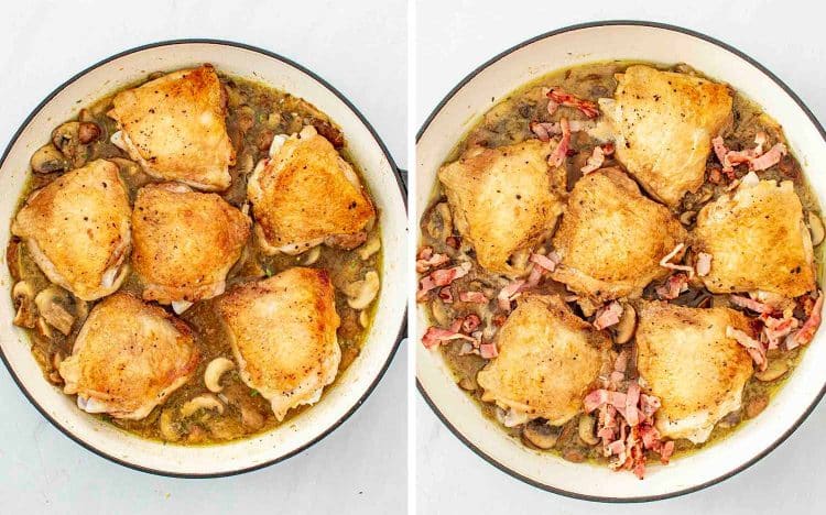 process shots showing how to make coq au riesling.