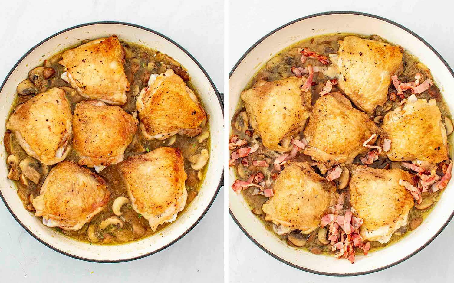 process shots showing how to make coq au riesling.