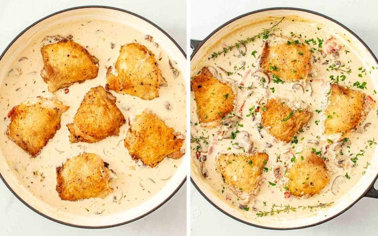 process shots showing how to make coq au riesling.