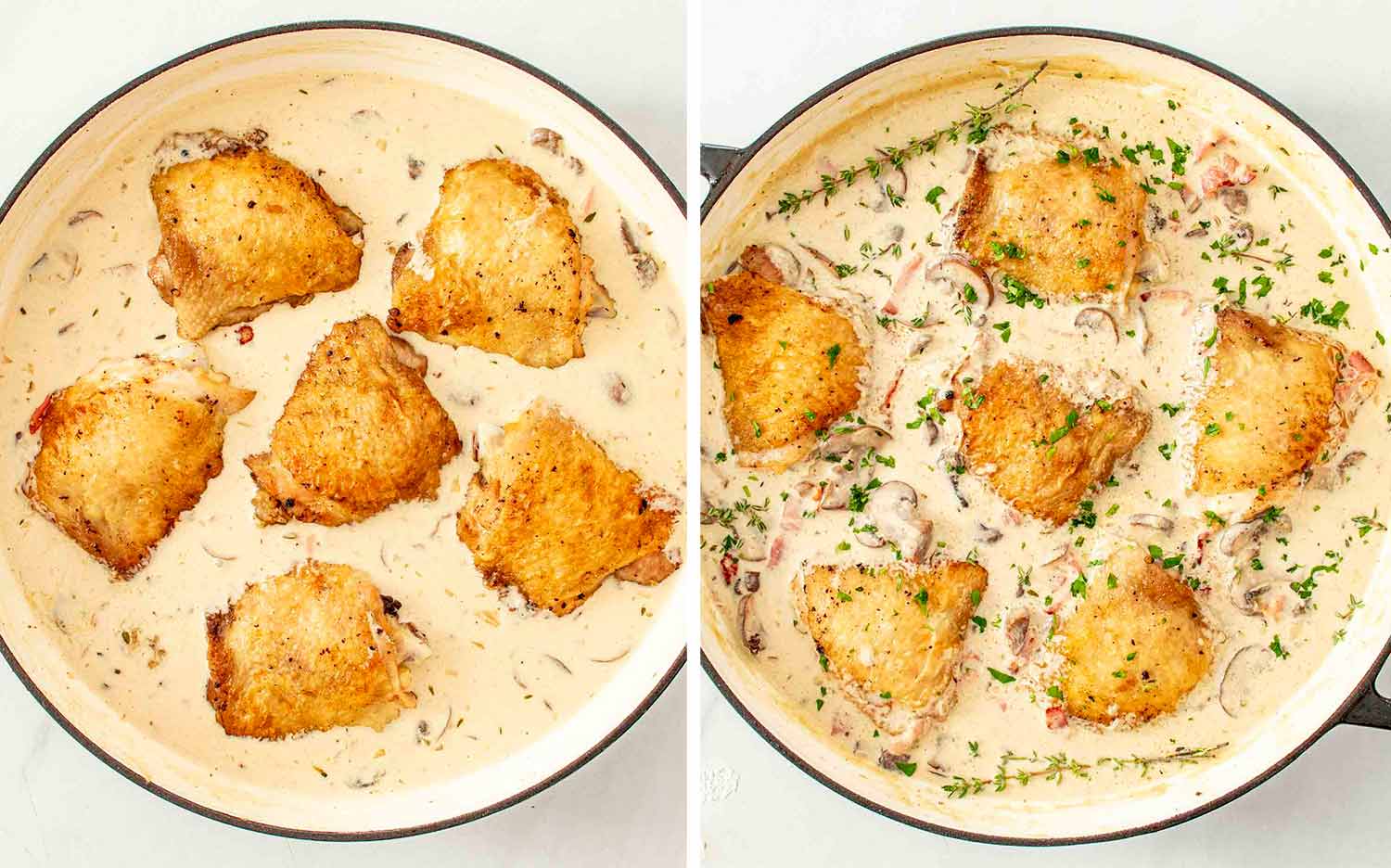 process shots showing how to make coq au riesling.