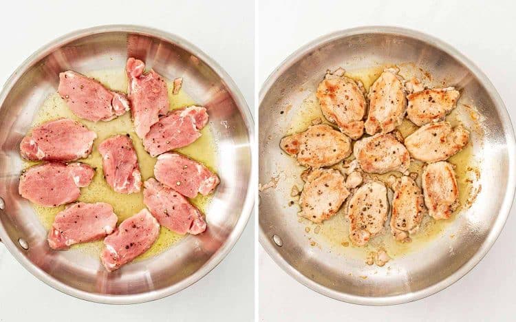 process shots showing how to make creamy garlic pork medallions.