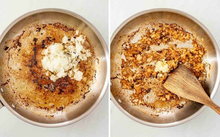 process shots showing how to make creamy garlic pork medallions.