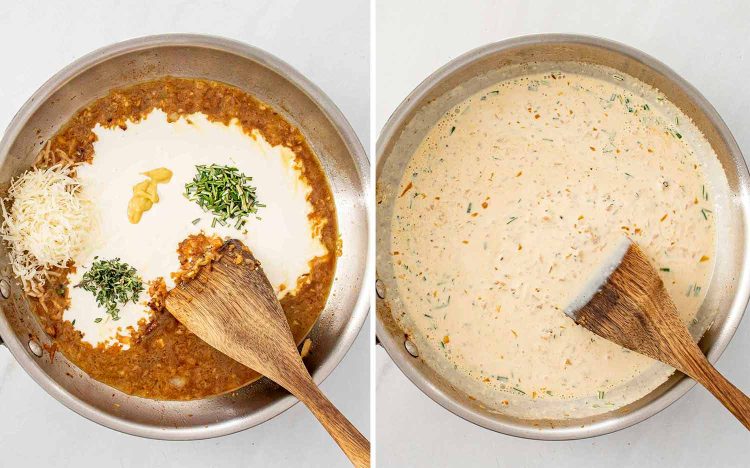 process shots showing how to make creamy garlic pork medallions.