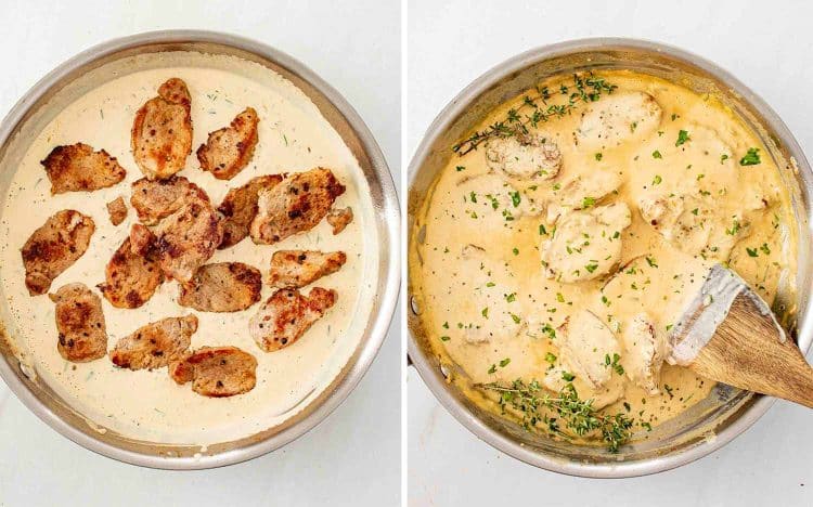 process shots showing how to make creamy garlic pork medallions.