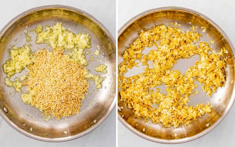 process shots showing how to make lemon garlic shrimp orzo.