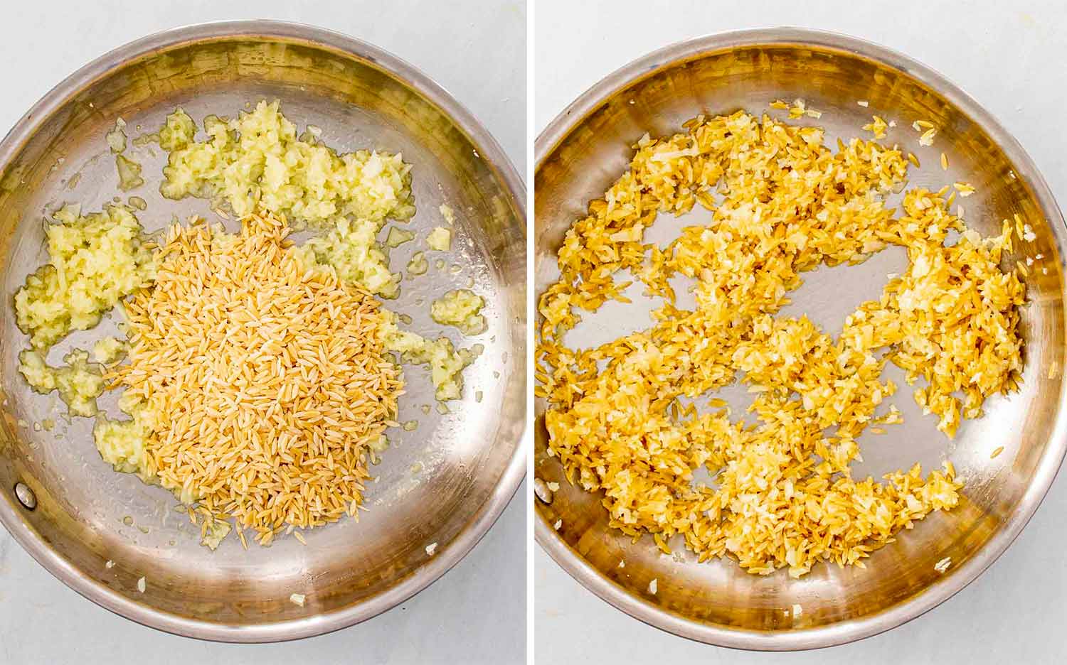 process shots showing how to make lemon garlic shrimp orzo.