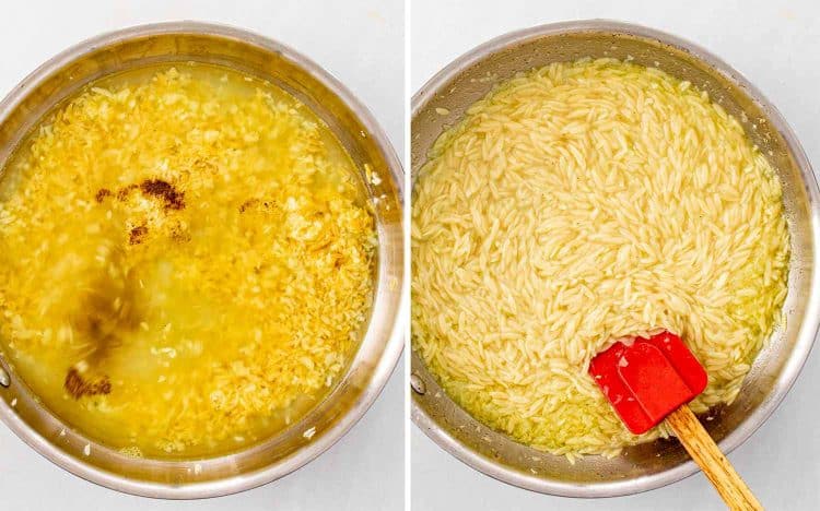 process shots showing how to make lemon garlic shrimp orzo.