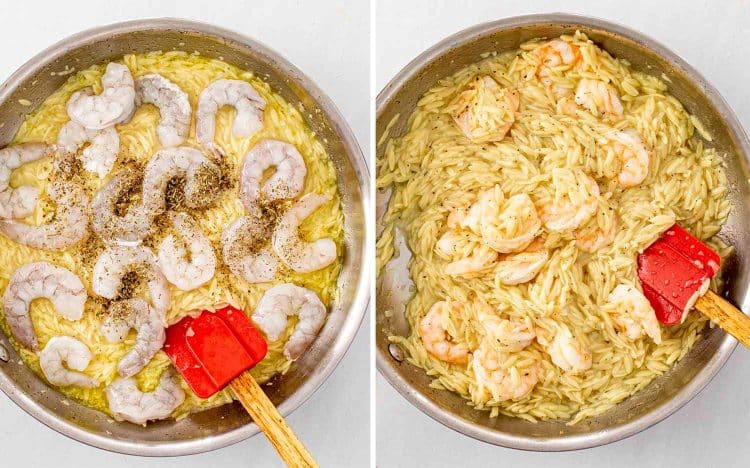 process shots showing how to make lemon garlic shrimp orzo.