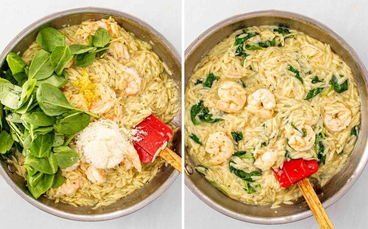 process shots showing how to make lemon garlic shrimp orzo.