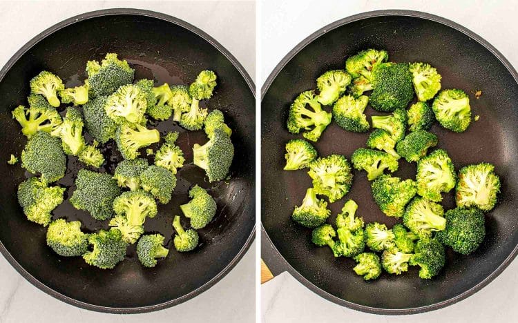 process shots showing how to make shrimp & broccoli stir fry.