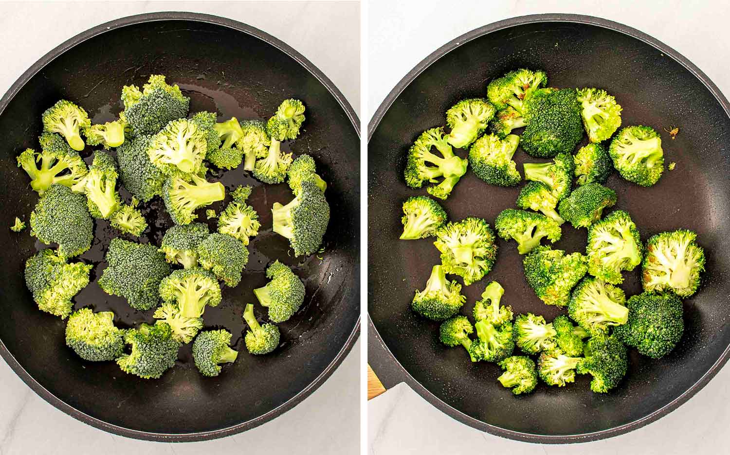 process shots showing how to make shrimp & broccoli stir fry.