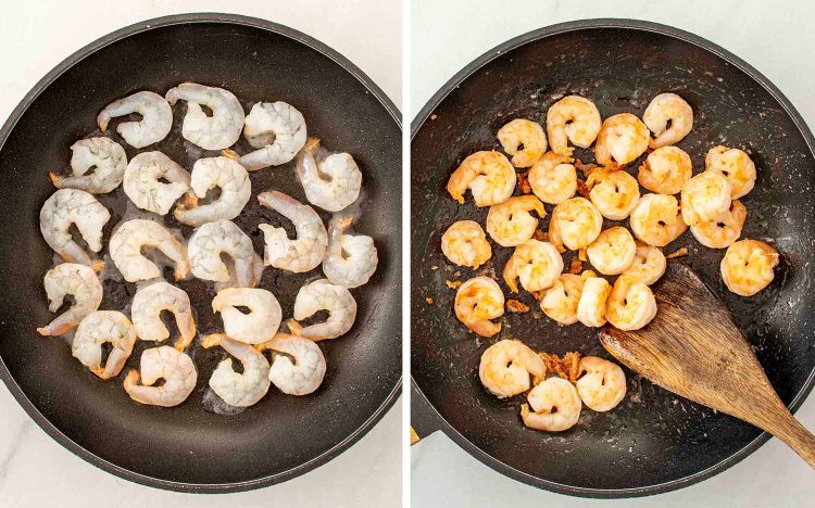 process shots showing how to make shrimp & broccoli stir fry.