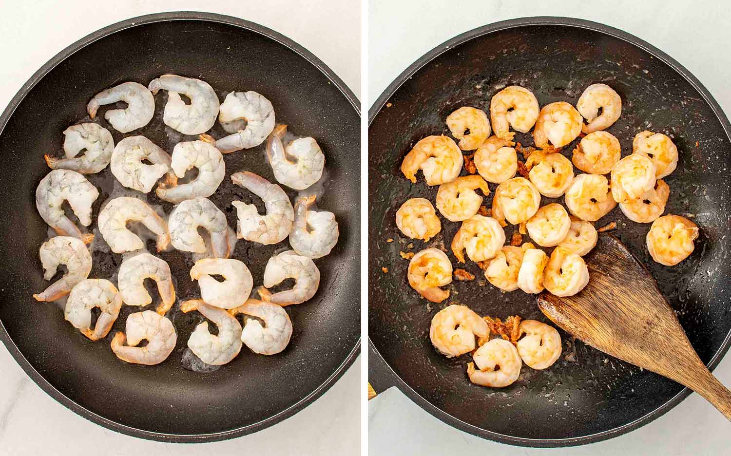 process shots showing how to make shrimp & broccoli stir fry.