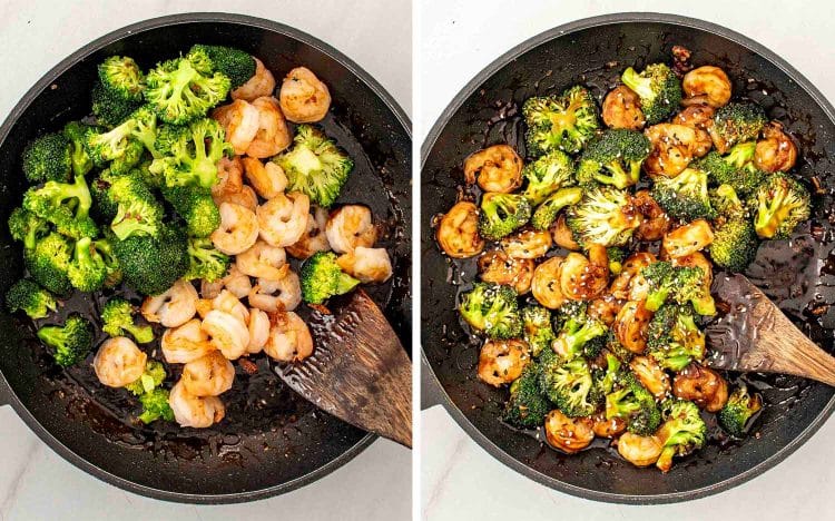 process shots showing how to make shrimp & broccoli stir fry.
