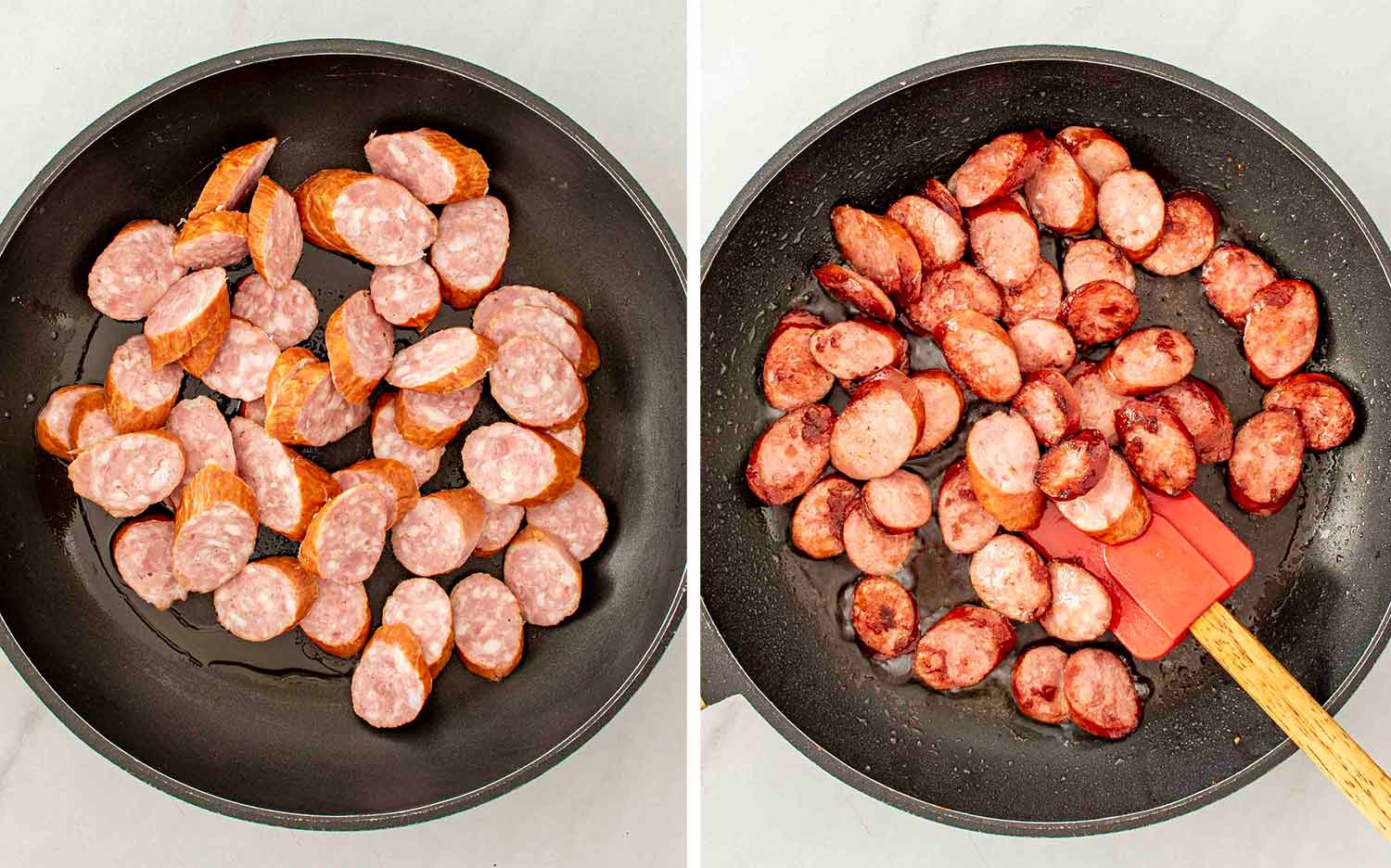 process shots showing how to make skillet sausage and mushroom rice.