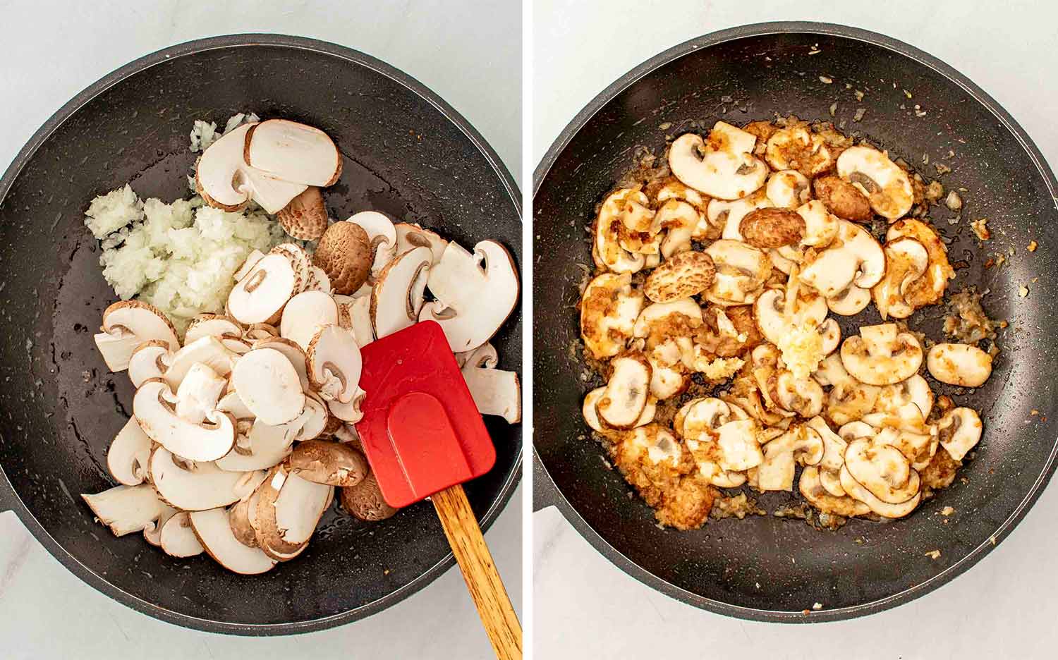 showing how to make skillet sausage and mushroom rice.