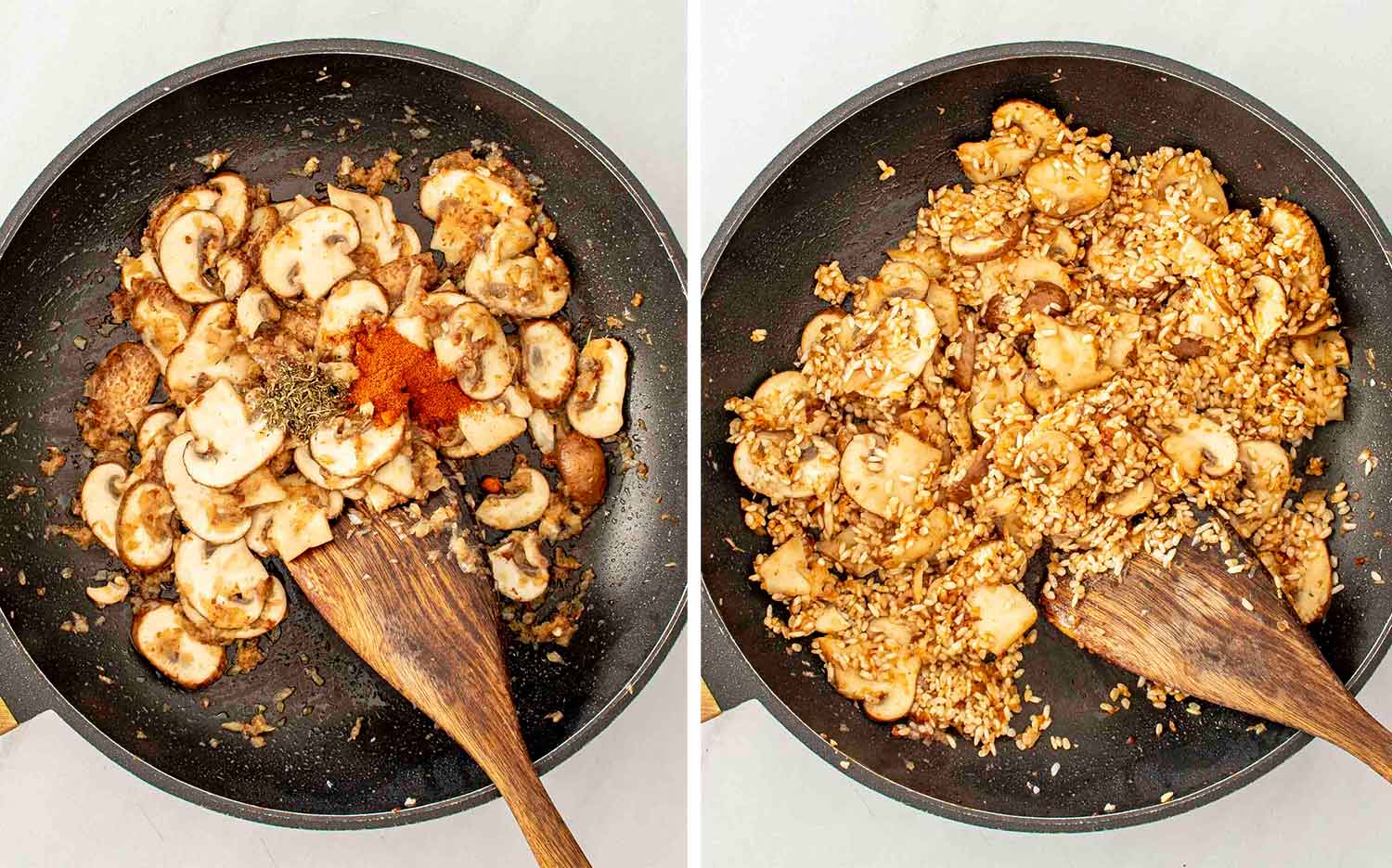 showing how to make skillet sausage and mushroom rice.