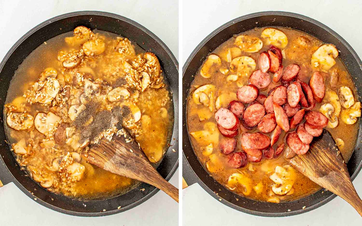 showing how to make skillet sausage and mushroom rice.