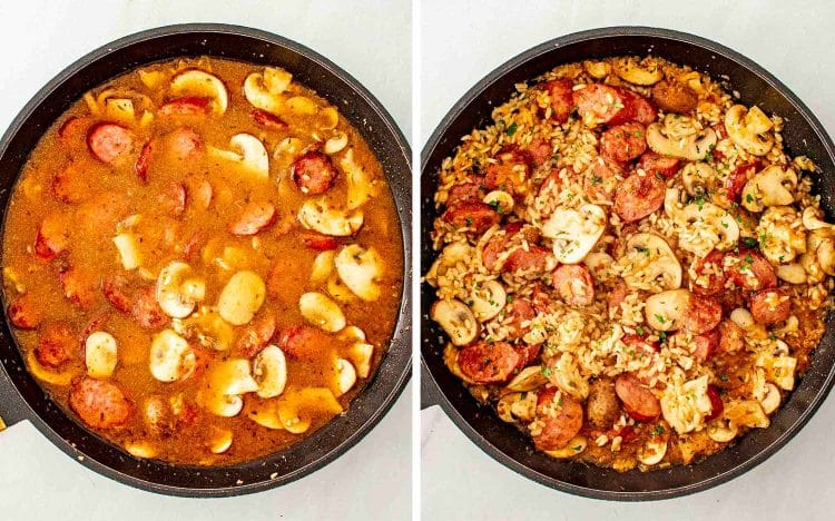 showing how to make skillet sausage and mushroom rice.