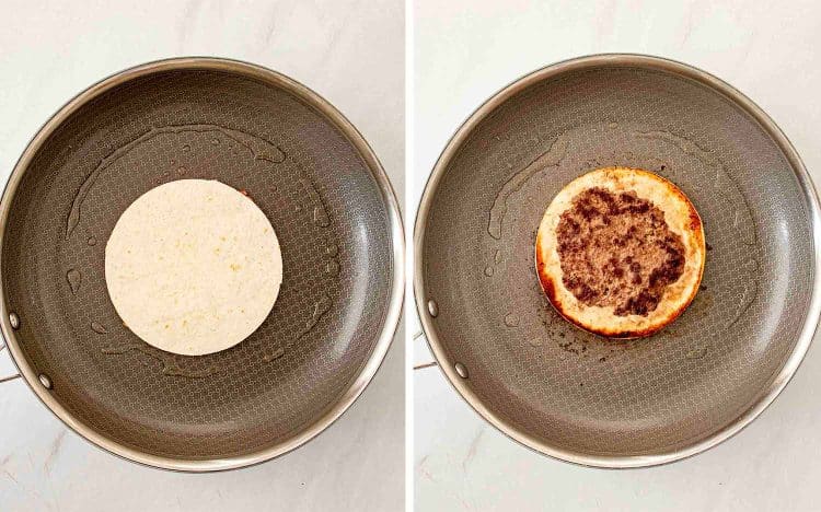 process shots showing how to make smashed burger tacos.