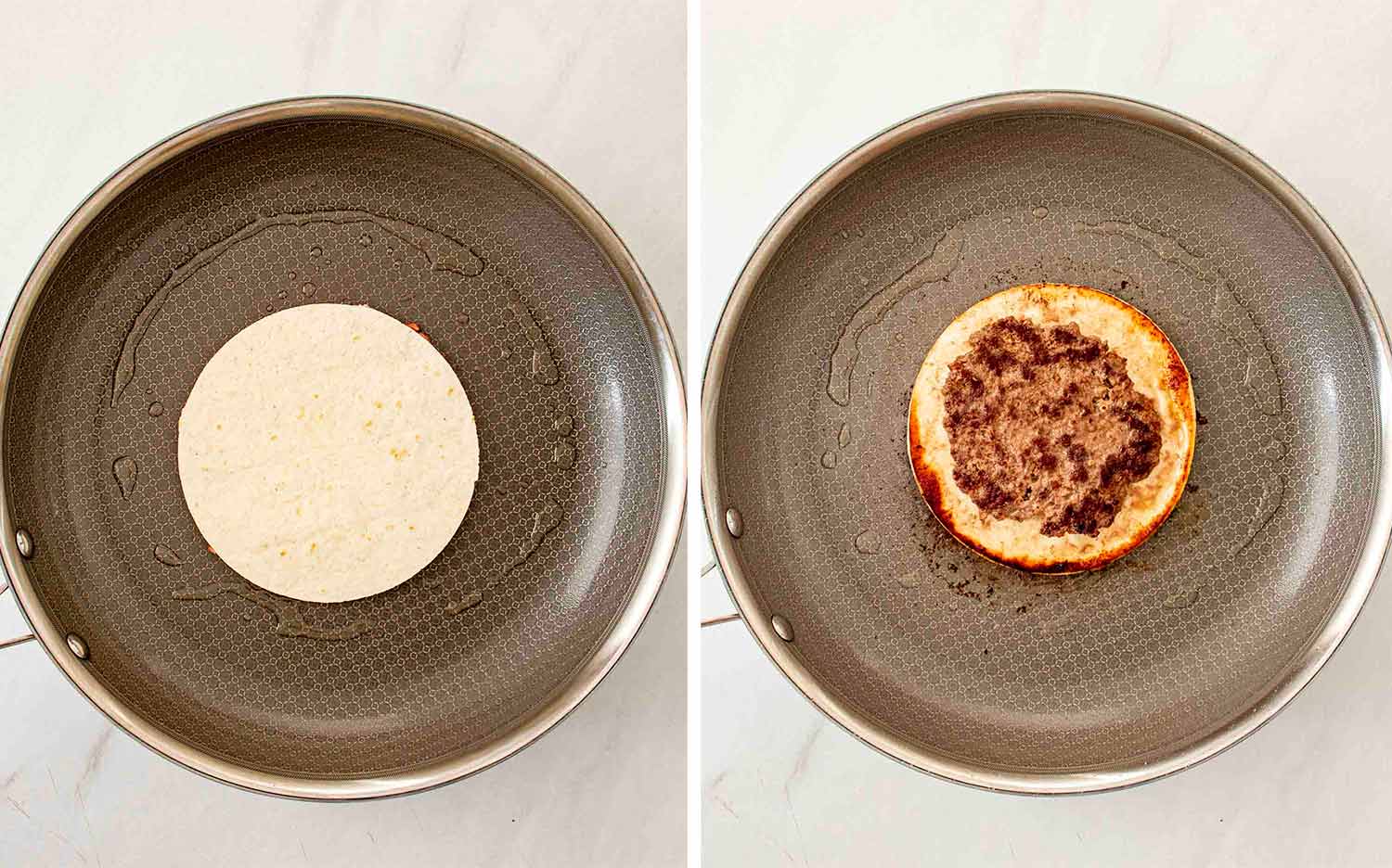 process shots showing how to make smashed burger tacos.