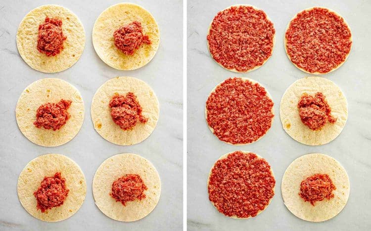 process shots showing how to make smashed burger tacos.