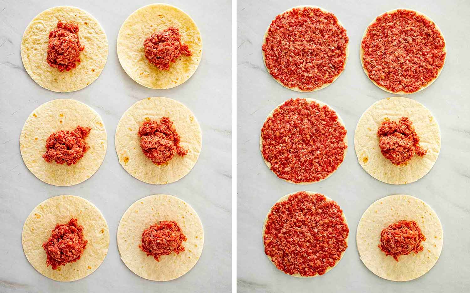 process shots showing how to make smashed burger tacos.