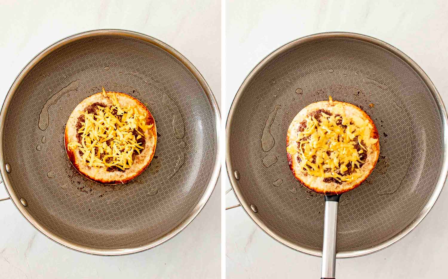 process shots showing how to make smashed burger tacos.