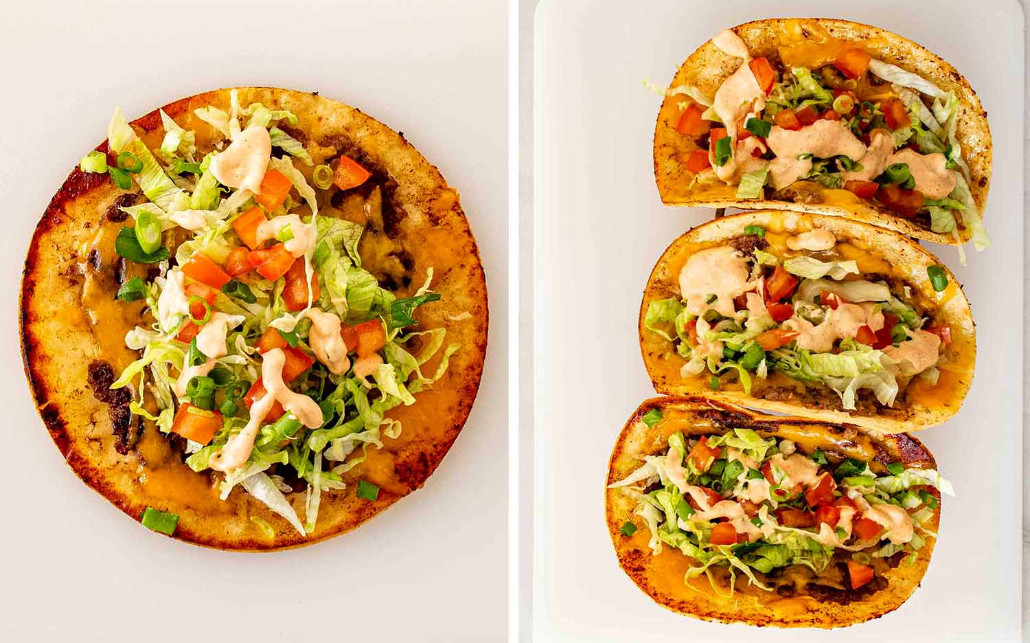 process shots showing how to make smashed burger tacos.