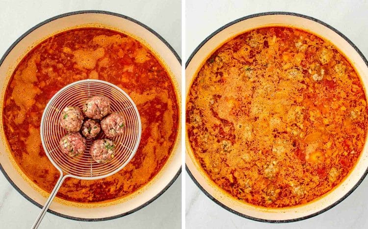 process shots showing how to make turkish meatball soup.