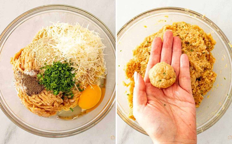 process shots showing how to make chicken meatballs in lemon butter sauce.