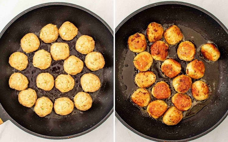 process shots showing how to make chicken meatballs in lemon butter sauce.